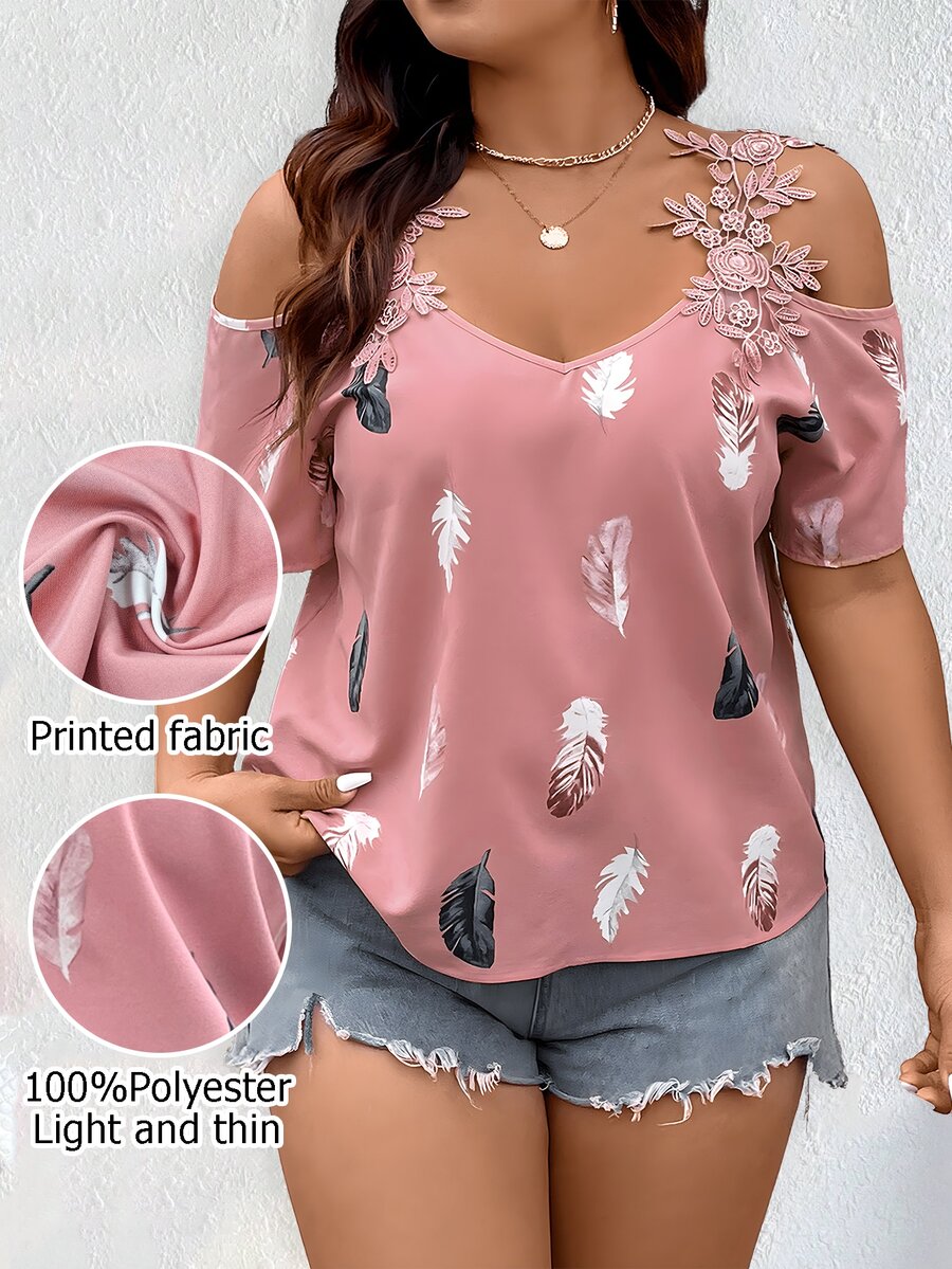 EMERY ROSE [Denim Effect] Plus Size Cold Shoulder Shirt With Feathered Printed, Summer - Multicolor - View 1