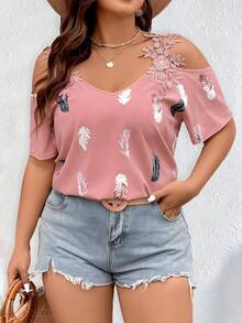 EMERY ROSE [Denim Effect] Plus Size Cold Shoulder Shirt With Feathered Printed, Summer - Multicolor - View 6