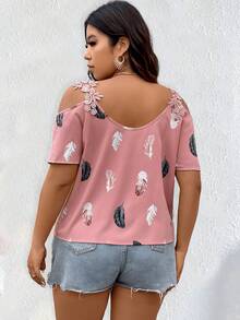 EMERY ROSE [Denim Effect] Plus Size Cold Shoulder Shirt With Feathered Printed, Summer - Multicolor - View 2