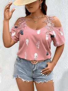 EMERY ROSE [Denim Effect] Plus Size Cold Shoulder Shirt With Feathered Printed, Summer - Multicolor - View 4