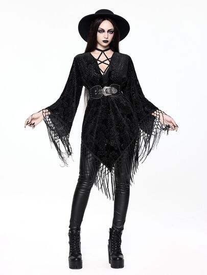 Vintage Black Velvet Burnout Gothic Style Tassel Shawl Cardigan