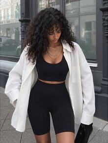 SHEIN Sports High-Waist Seamless Solid Color Sports Shorts, Suitable For Yoga And ExerciseWomen Sweat Short, Gym Short, Biker Short - Black - View 1