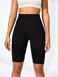 SHEIN Sports High-Waist Seamless Solid Color Sports Shorts, Suitable For Yoga And ExerciseWomen Sweat Short, Gym Short, Biker Short - Black - View 6
