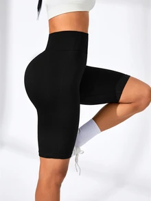 SHEIN Sports High-Waist Seamless Solid Color Sports Shorts, Suitable For Yoga And ExerciseWomen Sweat Short, Gym Short, Biker Short - Black - View 4