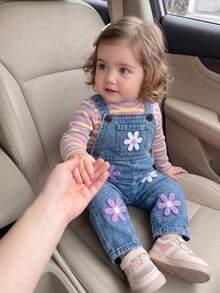 SHEIN Playful Pals 2pcs Toddler Girl Shirt Overalls Set Cute Sweet Rainbow Blue 3D Flower Applique Striped Long Sleeve Round Neck Regular Birthday Fall Holiday Pull Chic - Multicolor - View 7