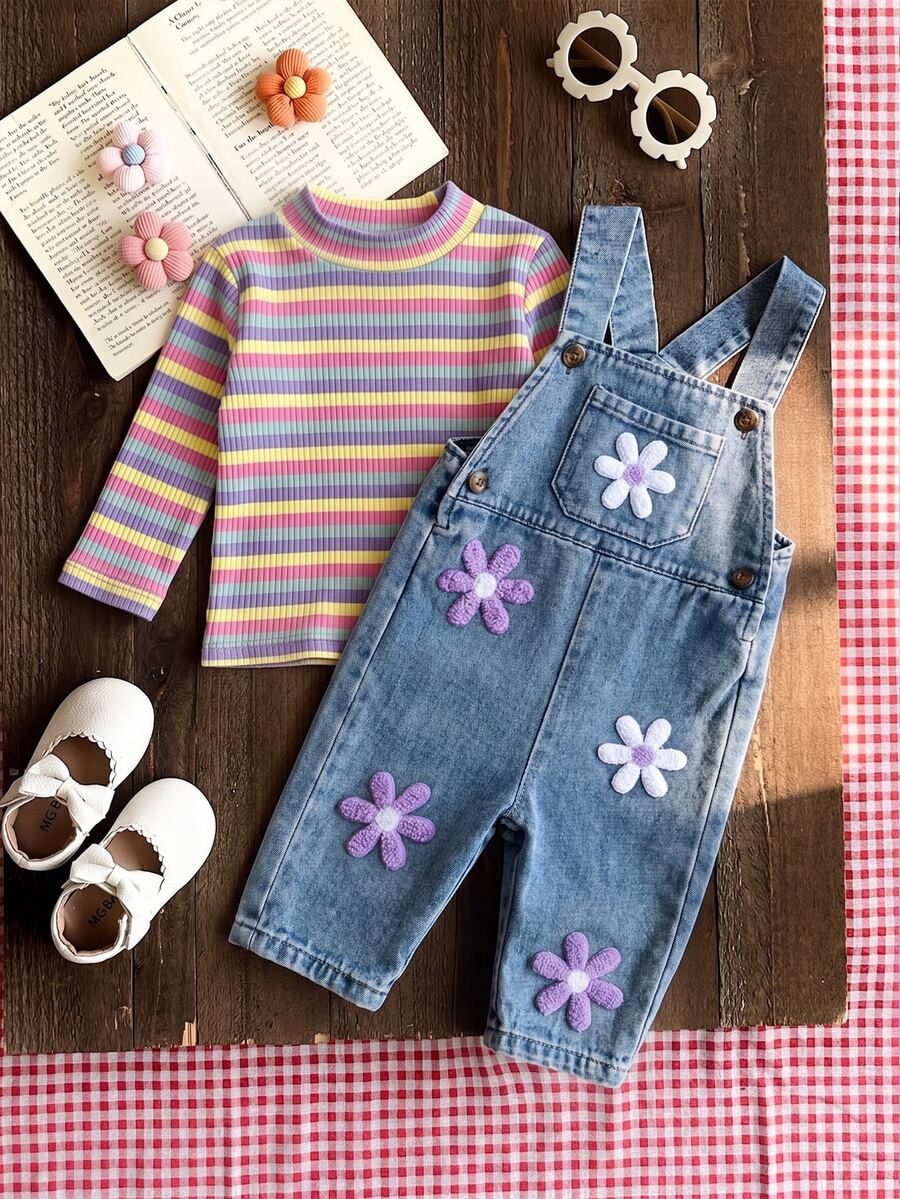 SHEIN Playful Pals 2pcs Toddler Girl Shirt Overalls Set Cute Sweet Rainbow Blue 3D Flower Applique Striped Long Sleeve Round Neck Regular Birthday Fall Holiday Pull Chic - Multicolor - View 1