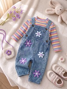 SHEIN Playful Pals 2pcs Toddler Girl Shirt Overalls Set Cute Sweet Rainbow Blue 3D Flower Applique Striped Long Sleeve Round Neck Regular Birthday Fall Holiday Pull Chic - Multicolor - View 6