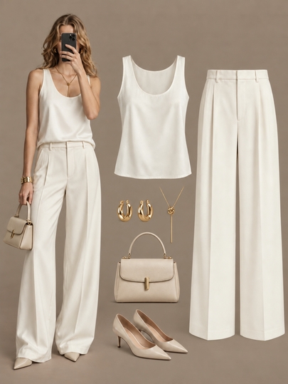 Anewsta Essential Spring, Summer, Early Autumn (All-Season Layering) Cream White Acetate U-Neck Wide Shoulder Tank Top, Smooth Draping Lightweight Luxury Women's Sleeveless Base Layer/Outerwear Vest, Suitable For Office Commute, Casual Blouses For Women, Festival Outfit