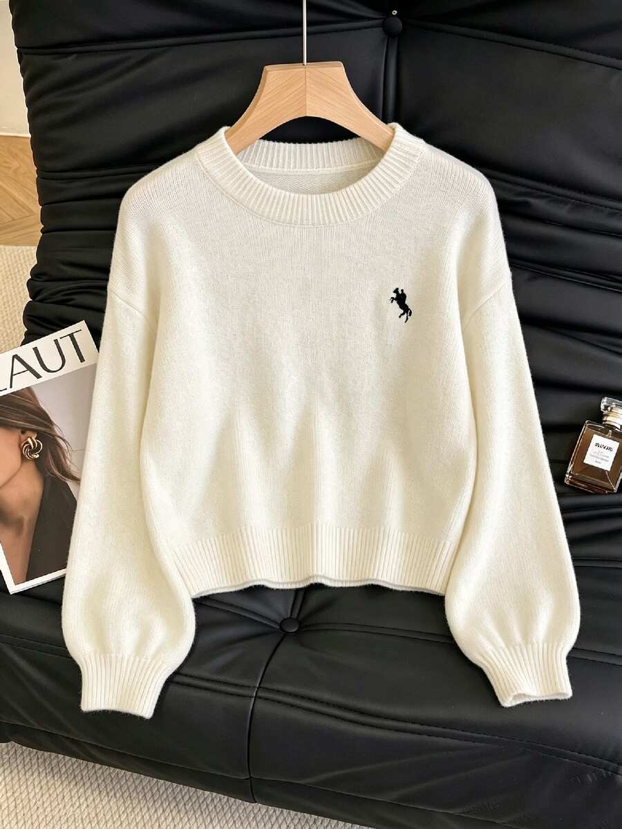 SHEIN Franclia Sweater Pullover Lengan Lentera Leher Bulat Bordir Warna Polos Kasual Fashion Musim Gugur/Dingin Wanita, Cocok Untuk Perjalanan Sehari-hari, Liburan, dan Acara Lainnya - Krem - View 1