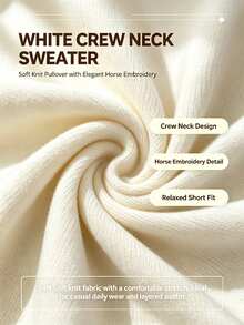 SHEIN Franclia Sweater Pullover Lengan Lentera Leher Bulat Bordir Warna Polos Kasual Fashion Musim Gugur/Dingin Wanita, Cocok Untuk Perjalanan Sehari-hari, Liburan, dan Acara Lainnya - Krem - View 3