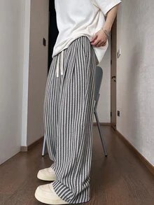 STEELVANCE Men's Streetwear Baggy Sweatpants, Striped Drawstring Wide Leg Pants, Y2K Casual Loose Fit - White - View 3