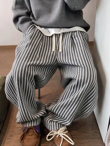 STEELVANCE Men's Streetwear Baggy Sweatpants, Striped Drawstring Wide Leg Pants, Y2K Casual Loose Fit - White - View 1
