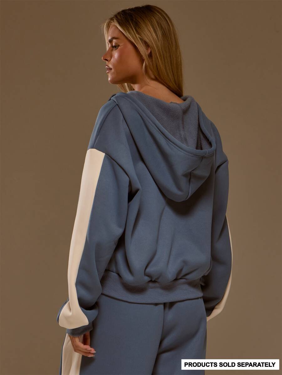 MUSERA Graphic Slogan Printed Zip Through Contrast Sleeve Oversized Coord Hoodie Autumn Winter Fall Western Cowgirl Cute - Blue - View 1