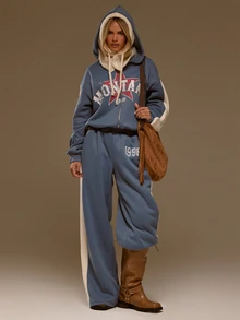 MUSERA Graphic Slogan Printed Zip Through Contrast Sleeve Oversized Coord Hoodie Autumn Winter Fall Western Cowgirl Cute - Blue - View 3