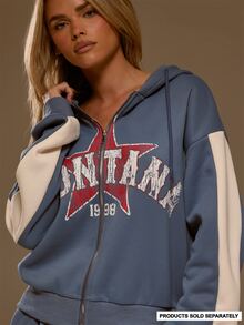 MUSERA Graphic Slogan Printed Zip Through Contrast Sleeve Oversized Coord Hoodie Autumn Winter Fall Western Cowgirl Cute - Blue - View 2