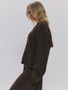 MUSERA Jaket Rajut Longgar Berkerudung Cokelat dengan Resleting, Cocok untuk Musim Gugur dan Musim Dingin, Pakaian Rajut Esensial Sehari-hari, Pakaian Inti - Coklat - View 3