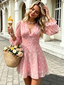 TaskSense Ins French Romantic Pink Floral Chiffon Dress, Deep V-Neck, 3D Rose Decor, Cinched Waist, Lantern Sleeves, Ruffle Hem, Bodycon Mini Dress, Pure Desire Fairy Style - Pink - View 6