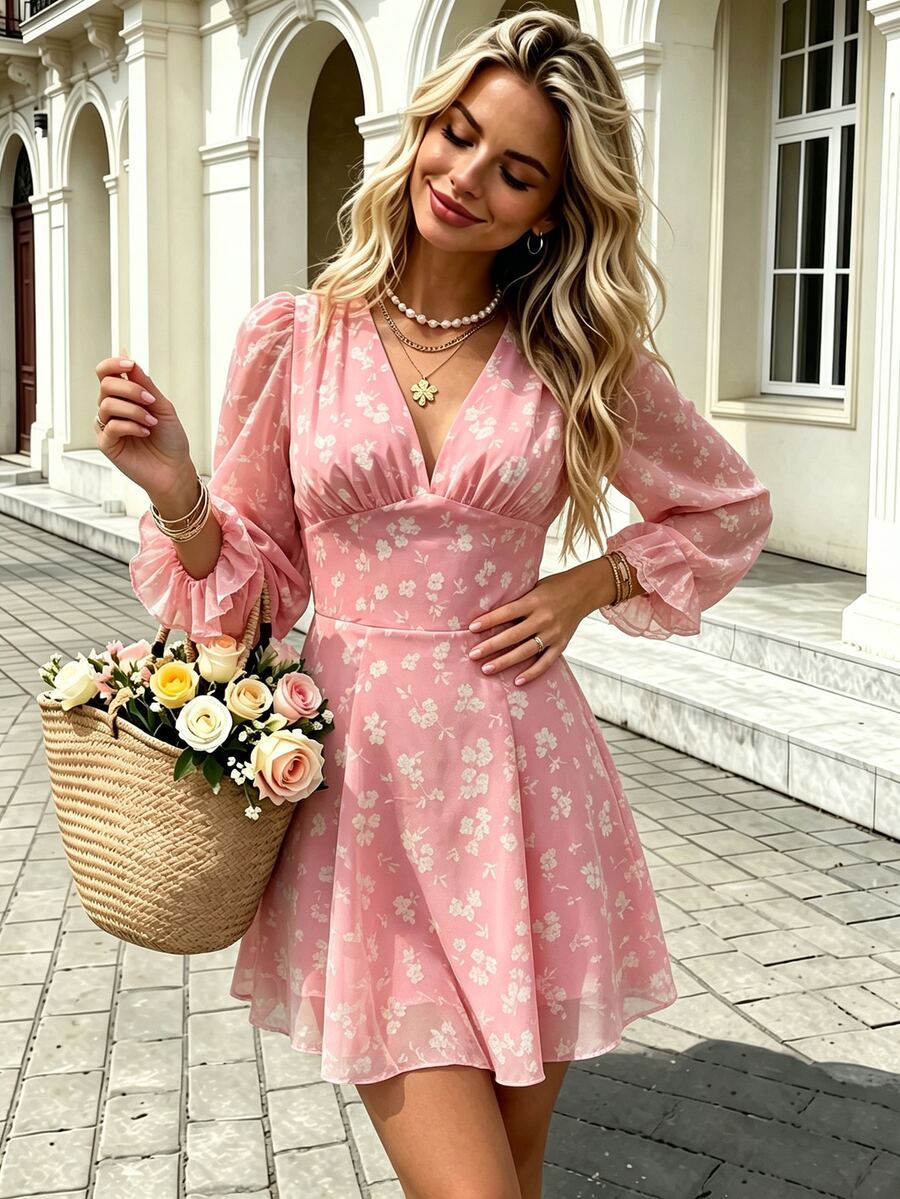 TaskSense Ins French Romantic Pink Floral Chiffon Dress, Deep V-Neck, 3D Rose Decor, Cinched Waist, Lantern Sleeves, Ruffle Hem, Bodycon Mini Dress, Pure Desire Fairy Style - Pink - View 1
