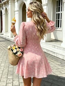 TaskSense Ins French Romantic Pink Floral Chiffon Dress, Deep V-Neck, 3D Rose Decor, Cinched Waist, Lantern Sleeves, Ruffle Hem, Bodycon Mini Dress, Pure Desire Fairy Style - Pink - View 3