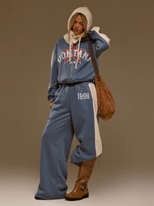 MUSERA Graphic Printed Contrast Panel Loose Fit Coord Joggers Autumn Winter Fall Western Cowgirl Cute - Blue - View 5