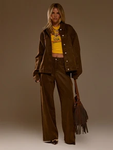 MUSERA Brown Denim Oversized Shirt Denim Jacket Autumn Fall Winter Coolgirl Women Outfit - Coffee Brown - View 4