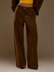 MUSERA Celana Jeans Denim Cokelat Model Lurus Pinggang Sedang untuk Musim Gugur dan Musim Dingin, Gaya Keren untuk Wanita. - Coffee Brown - View 4