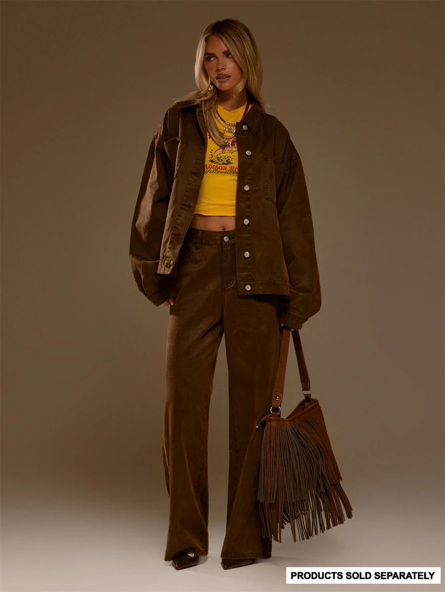 MUSERA Celana Jeans Denim Cokelat Model Lurus Pinggang Sedang untuk Musim Gugur dan Musim Dingin, Gaya Keren untuk Wanita. - Coffee Brown - View 1