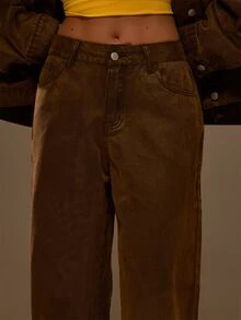 MUSERA Celana Jeans Denim Cokelat Model Lurus Pinggang Sedang untuk Musim Gugur dan Musim Dingin, Gaya Keren untuk Wanita. - Coffee Brown - View 3