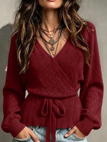 SHEIN كارديجان محبوك بنمط الإبرة بياقة متقاطعة ومنطقة ربط الخصر، بأكمام طويلة - عنابي اللون - مشاهدة 1