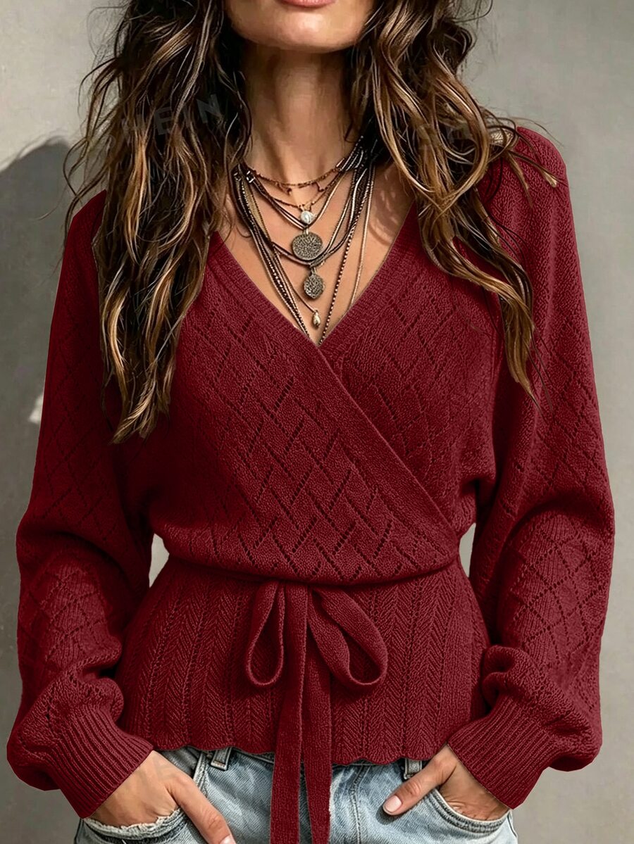 SHEIN كارديجان محبوك بنمط الإبرة بياقة متقاطعة ومنطقة ربط الخصر، بأكمام طويلة - عنابي اللون - مشاهدة 1