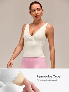 GLOWMODE FeatherFit™ Studio Glow V-Neck Removable Cups Crop Tank Top Sports Bra Low-Impact Yoga Pilates Barre Studio Daily Casual Wear Spring Summer - Creamy White - View 3