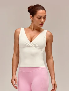 GLOWMODE FeatherFit™ Studio Glow V-Neck Removable Cups Crop Tank Top Sports Bra Low-Impact Yoga Pilates Barre Studio Daily Casual Wear Spring Summer - Creamy White - View 1