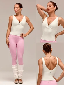 GLOWMODE FeatherFit™ Studio Glow V-Neck Removable Cups Crop Tank Top Sports Bra Low-Impact Yoga Pilates Barre Studio Daily Casual Wear Spring Summer - Creamy White - View 7