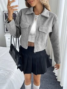 SHEIN Women's Spring And Autumn Solid Color Utility Pocket Long Sleeve Cropped Jacket Fall Winter Cloth For Women - Grey - View 6