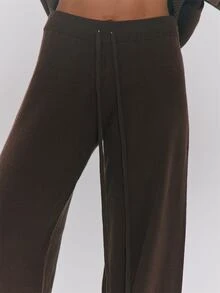 MUSERA Brown Knit Low Rise Wide Leg Drawstring Pants Autumn Winter Fall Christmas Thanksgiving Cute - Brown - View 5