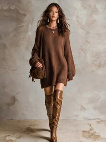 Solivie Women's Solid Color Round Neck Drop Shoulder Long Sleeve Casual Sweater, Autumn/Winter Casual Blouses Work Outfits For Women Women Fall Winter Sweater - Camel - View 4