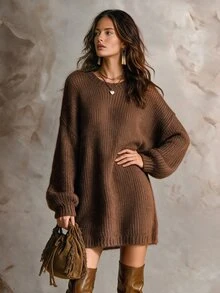 Solivie Women's Solid Color Round Neck Drop Shoulder Long Sleeve Casual Sweater, Autumn/Winter Casual Blouses Work Outfits For Women Women Fall Winter Sweater - Camel - View 6