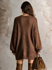 Solivie Women's Solid Color Round Neck Drop Shoulder Long Sleeve Casual Sweater, Autumn/Winter Casual Blouses Work Outfits For Women Women Fall Winter Sweater - Camel - View 3