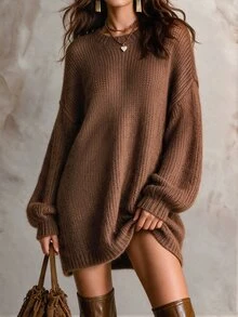 Solivie Women's Solid Color Round Neck Drop Shoulder Long Sleeve Casual Sweater, Autumn/Winter Casual Blouses Work Outfits For Women Women Fall Winter Sweater - Camel - View 7