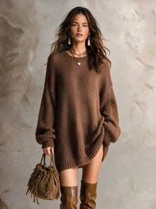 Solivie Women's Solid Color Round Neck Drop Shoulder Long Sleeve Casual Sweater, Autumn/Winter Casual Blouses Work Outfits For Women Women Fall Winter Sweater - Camel - View 5