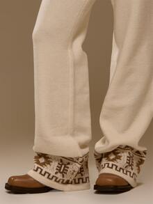 MUSERA Celana Sweater Rajut Bergaris Fair Isle dengan Potongan Longgar dan Kaki Lurus untuk Musim Gugur dan Musim Dingin, Gaya Koboi Barat yang Imut - Krem - View 5