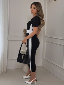 Jemour Women Contrast Color Fitted Square Neck Short Sleeve Simple Casual Black And White Mini Dress - Black and White - View 6