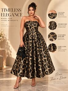 Cravure Women's Plus Size Spring Summer Autumn Elegant Wedding Banquet Party Ball Gown Dress With Extra Large Skirt Jacquard Fabric Strapless Christmas - Multicolor - View 3