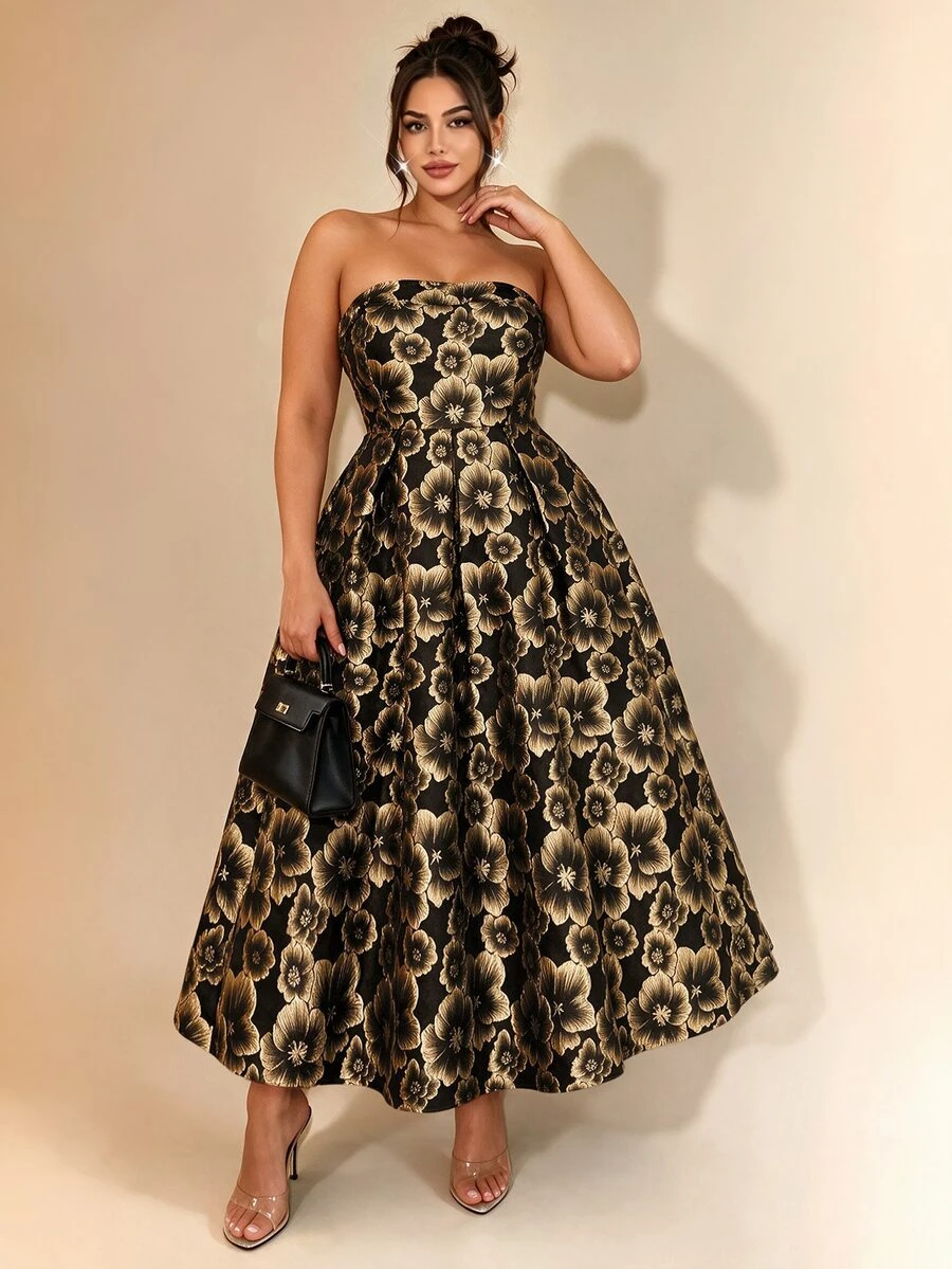 Cravure Women's Plus Size Spring Summer Autumn Elegant Wedding Banquet Party Ball Gown Dress With Extra Large Skirt Jacquard Fabric Strapless Christmas