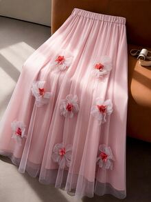 GlowEve CURVE Plus Size Women's Mori Style Ethereal Intellectual Elegant Skirt, 3D Flower Decor A-Line Hem Design, Suitable For Beach Vacation, Daily Commute, Travel, Daily Dating - Pink - View 6