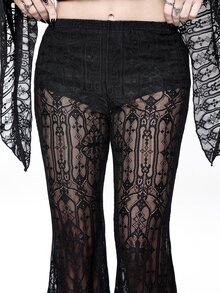 ROMWE Dark Gothic Halloween Outfit Church Castle Lace Sheer Women's Flare Pants - Black - View 3