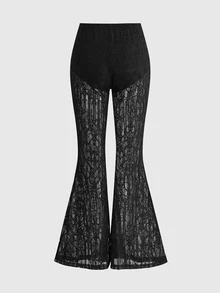ROMWE Dark Gothic Halloween Outfit Church Castle Lace Sheer Women's Flare Pants - Black - View 9