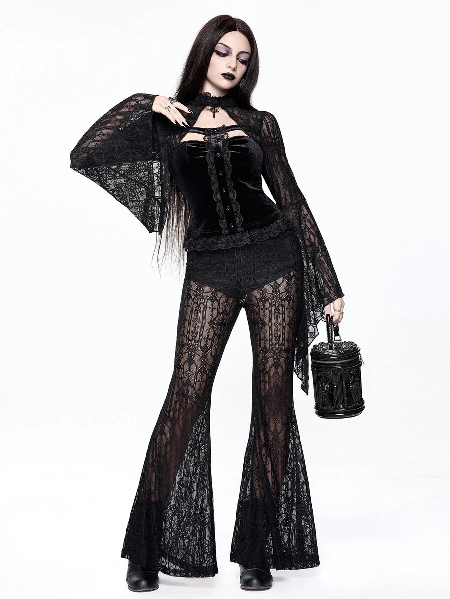 ROMWE Dark Gothic Halloween Outfit Church Castle Lace Sheer Women's Flare Pants - Black - View 1