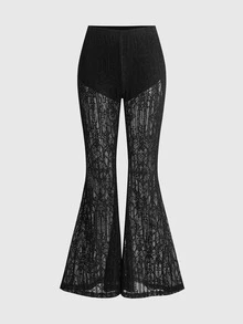 ROMWE Dark Gothic Halloween Outfit Church Castle Lace Sheer Women's Flare Pants - Black - View 8
