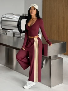 Muchica Women's Long Sleeve Crop Top Wide-Leg Pants High-Waist Striped Burgundy Sports Set 2 Piece Set Tracksuit Outfit Set Matching Set Activewear Sportswear - Khaki - View 4